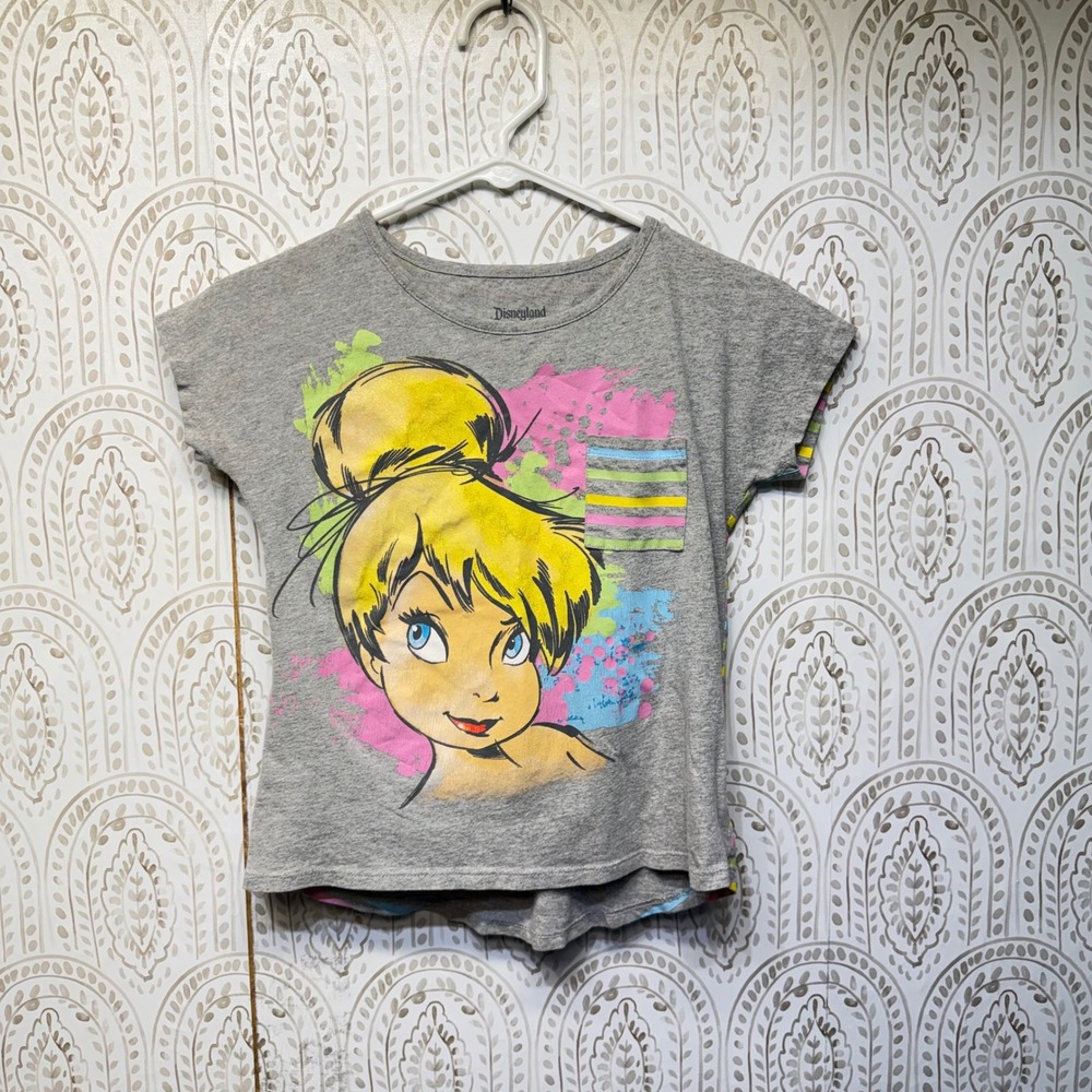 Disney Tinker Bell T-Shirt Womens M Gray Striped Pocket Graphic Tee Disneyland‎
